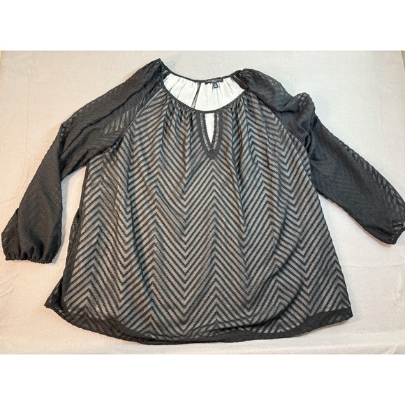 Chevron Tops - Signature Studio Plus Size 3X Blouse Black Chevron Textured Keyhole Lined